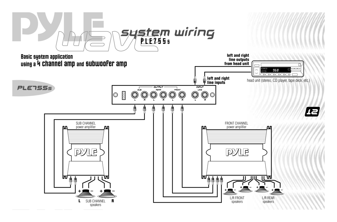 PYLE Audio PLE755S using a 4 channel amp and subwoofer amp, system wiring, PLE755s, P L E 7 5 5 S, line inputs, Output 