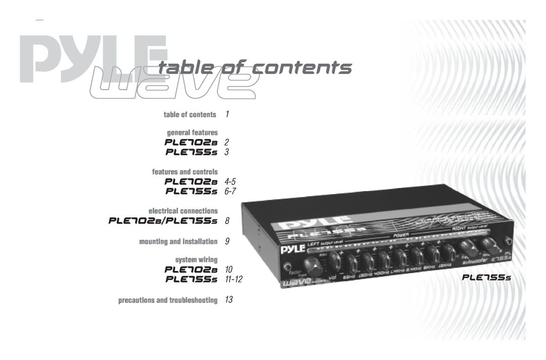 PYLE Audio user manual table of contents, PLE702B/PLE755S, 11-12, precautions and troubleshooting 