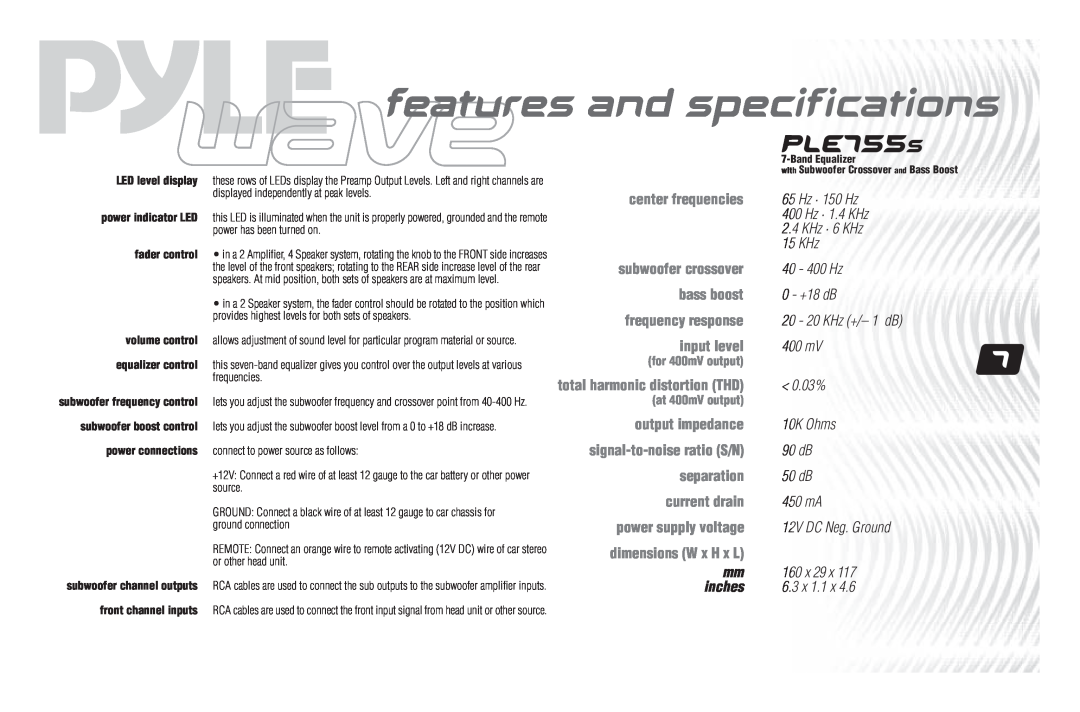 PYLE Audio PLE702B user manual PLE755S, features and specifications, dimensions W x H x L, inches 