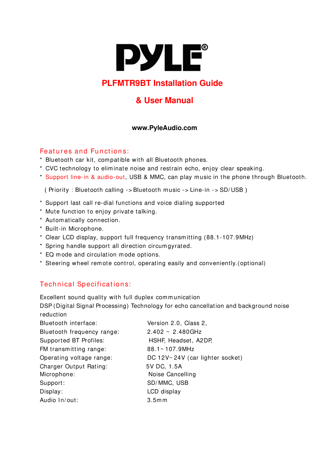 PYLE Audio PLFMTR9BT technical specifications Features and Functions, Technical Specifications 