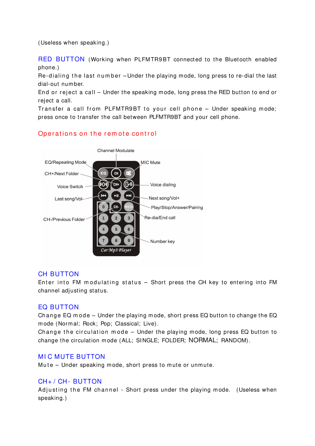 PYLE Audio PLFMTR9BT technical specifications Operations on the remote control, CH Button, EQ Button, MIC Mute Button 