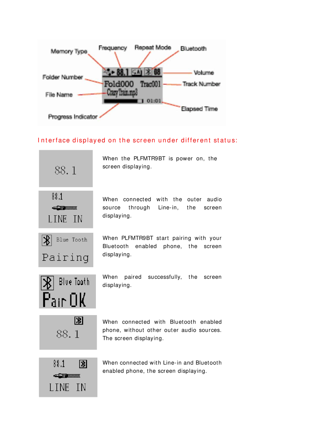 PYLE Audio PLFMTR9BT technical specifications Interface displayed on the screen under different status 