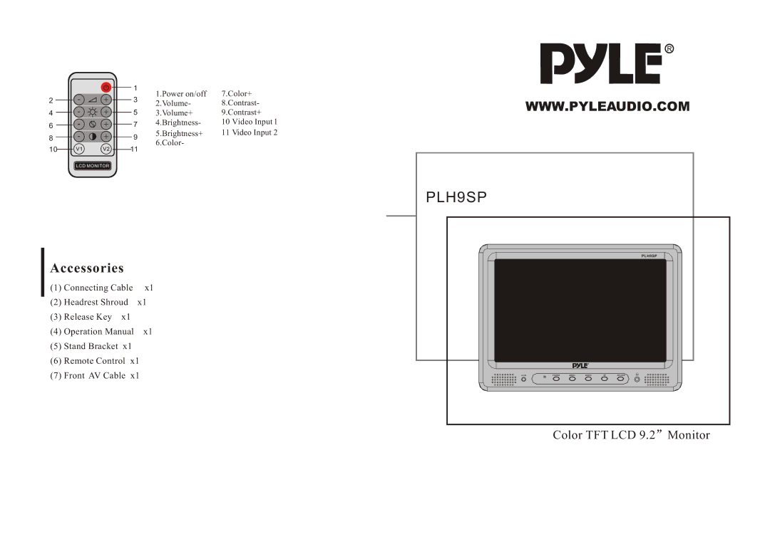 PYLE Audio PLH9SP operation manual Accessories, Color TFT LCD Monitor 