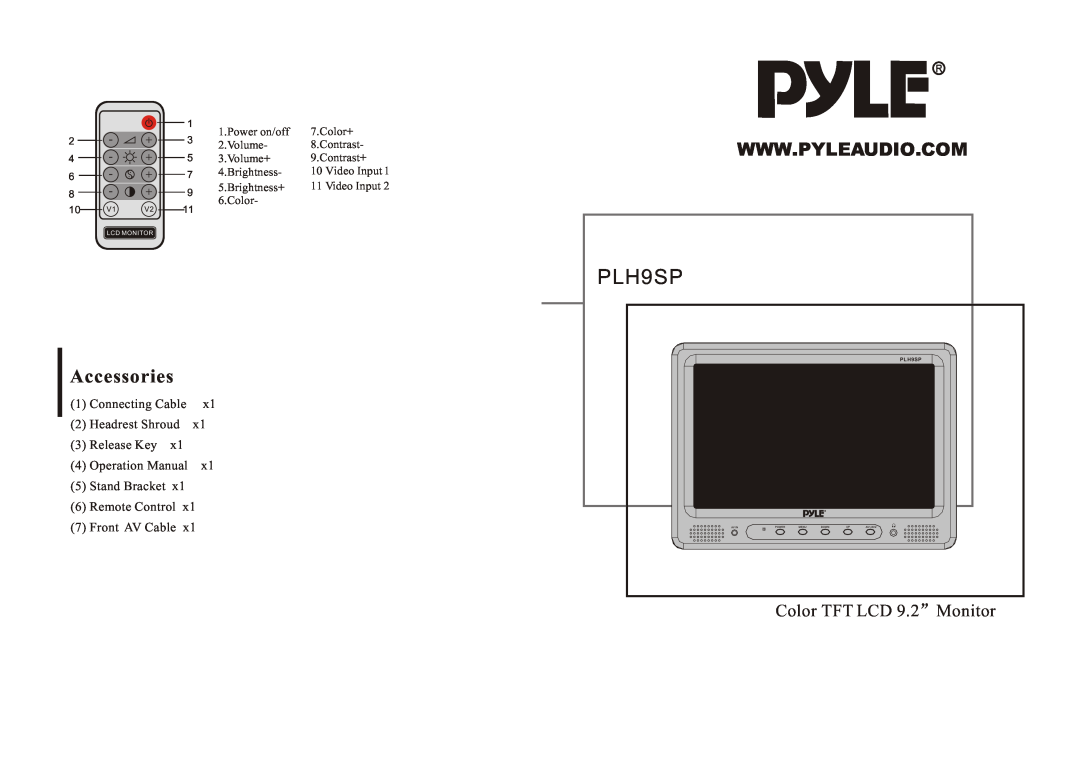 PYLE Audio PLH9SP operation manual Accessories, Color TFT LCD, Monitor 