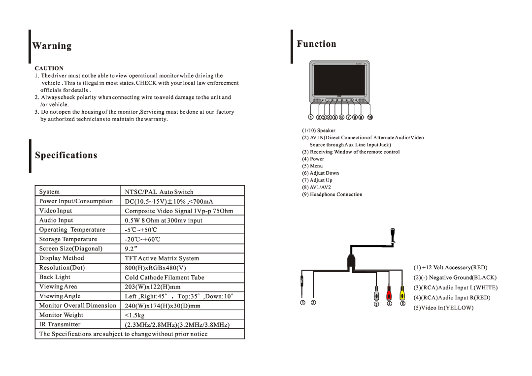 PYLE Audio PLH9SP operation manual Specifications, Function 