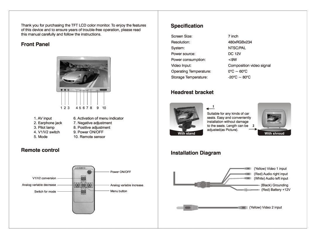 PYLE Audio PLHR77 instruction manual Front Panel, Remote control, Specification, Headrest bracket, Installation Diagram 