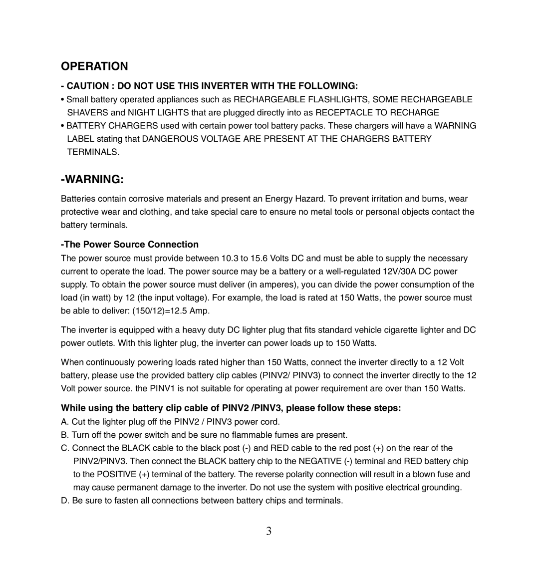 PYLE Audio PLINV2, PLINV1, PLINV3 owner manual Operation, Power Source Connection 