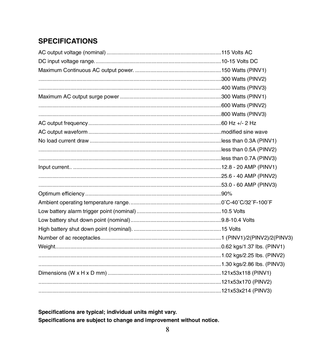 PYLE Audio PLINV1, PLINV2, PLINV3 owner manual Specifications 