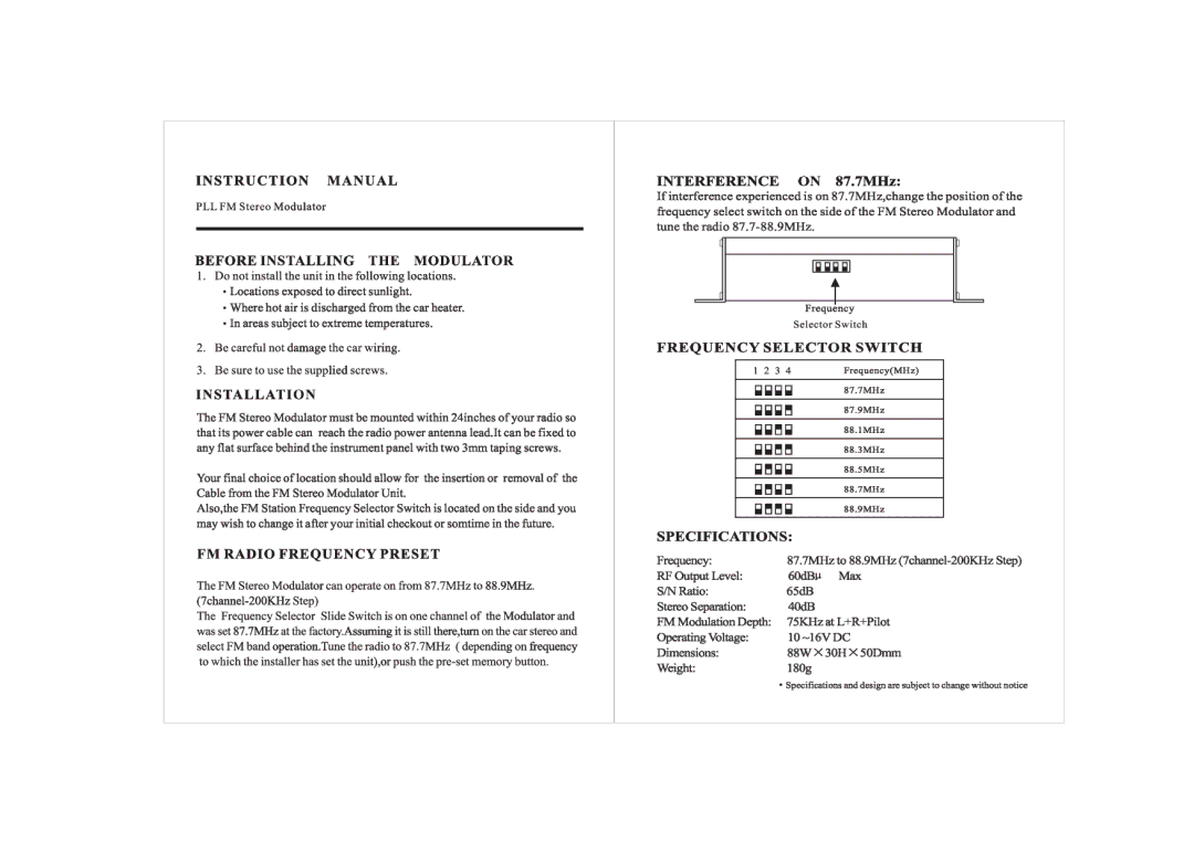 PYLE Audio PLMD8 manual Interference on 87.7MHz, Frequency Selector Switch, Specifications 