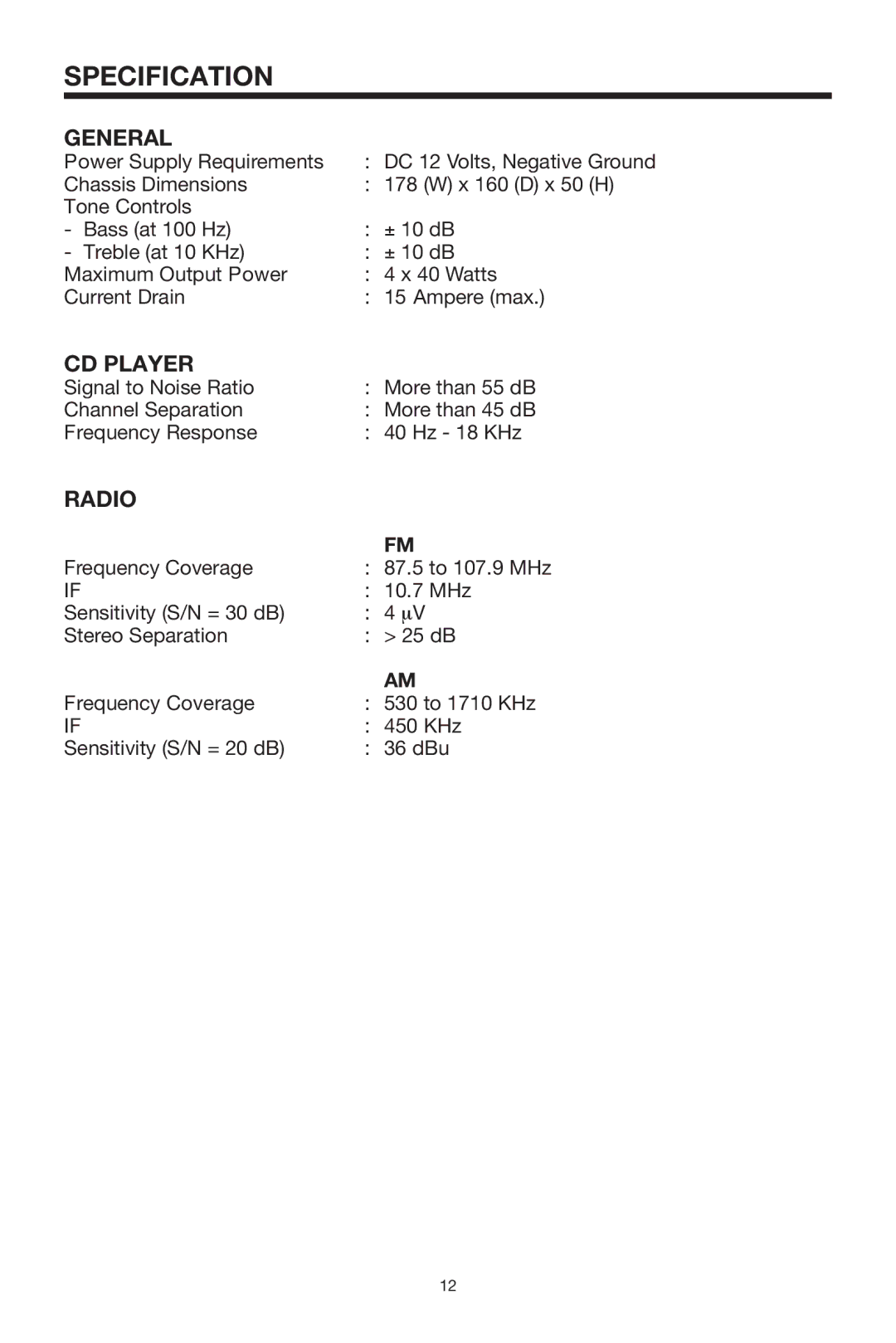 PYLE Audio PLMR18 owner manual Specification, General, CD Player, Radio 