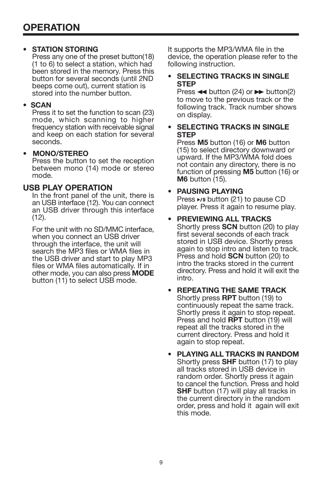 PYLE Audio PLMR18 owner manual USB Play Operation 