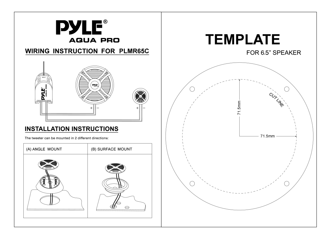 PYLE Audio PLMR65C manual 71.5mm 71.5mm, Angle 