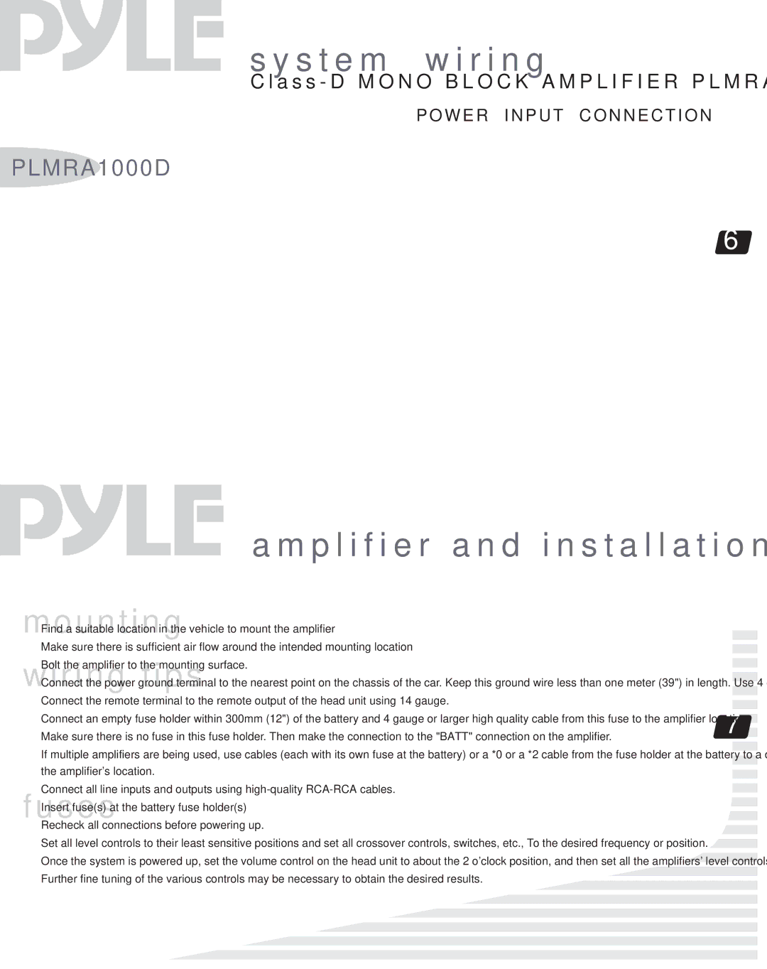 PYLE Audio PLMRA1000D manual P l i f i e r a n d Installation 