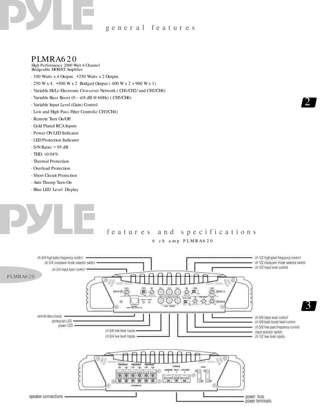 PYLE Audio PLMRA620 warranty N e r a l f e a t u r e s, A t u r e s a n d Specification s 