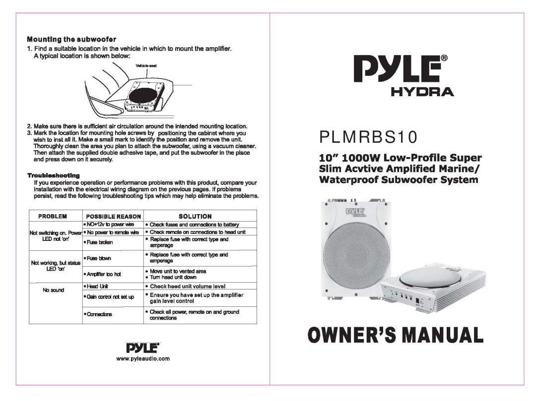 PYLE Audio PLMRBS10 owner manual Pyle 