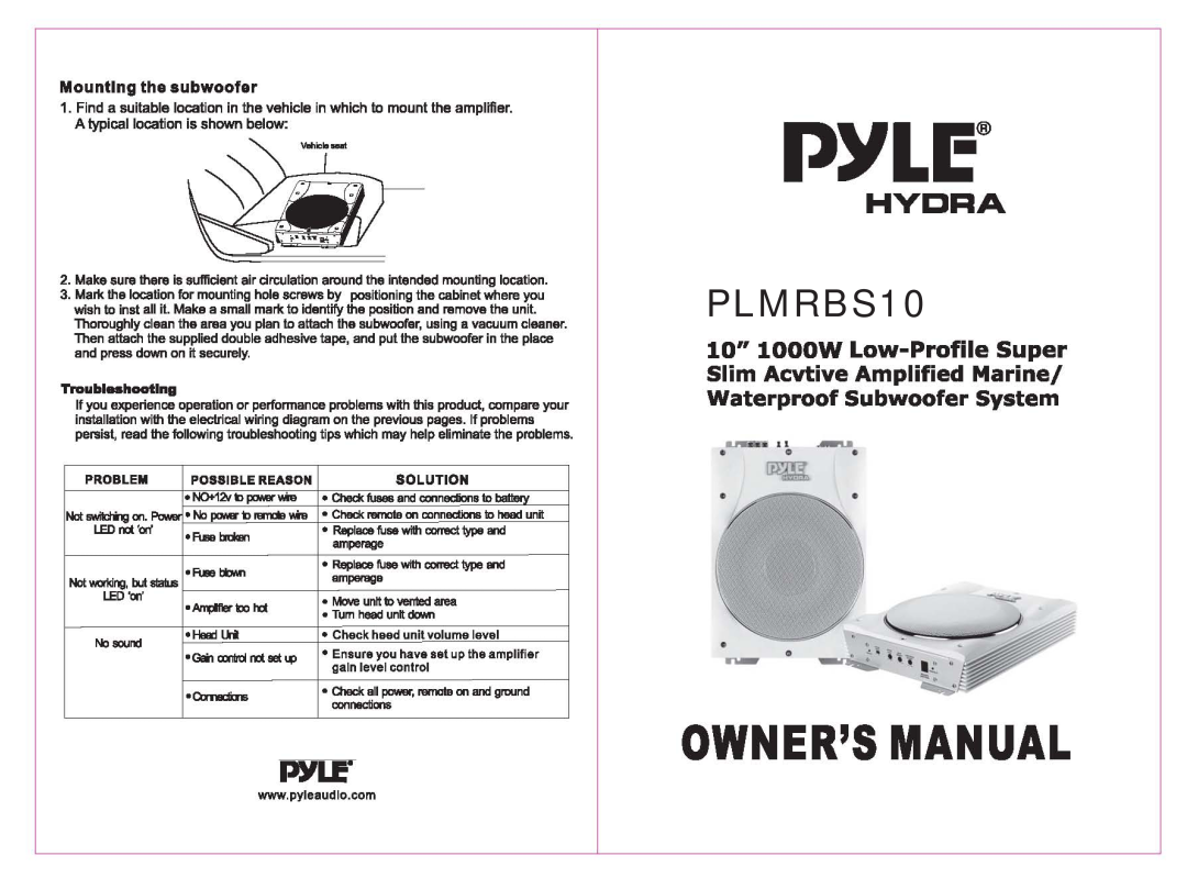 PYLE Audio PLMRBS10 owner manual Pyle, Ownersmanual, on.- No paMI b remm ..wa, Hydra, 10 1000W Low-ProfileSuper, Solution 