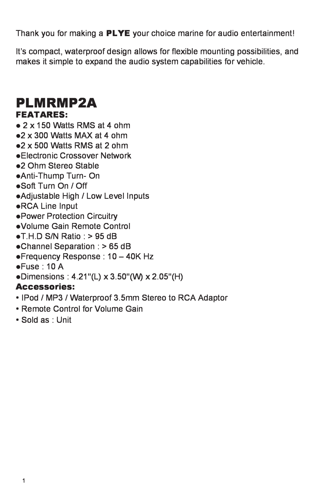 PYLE Audio PLMRMP2A, PLMRMP4A owner manual Featares, Accessories 