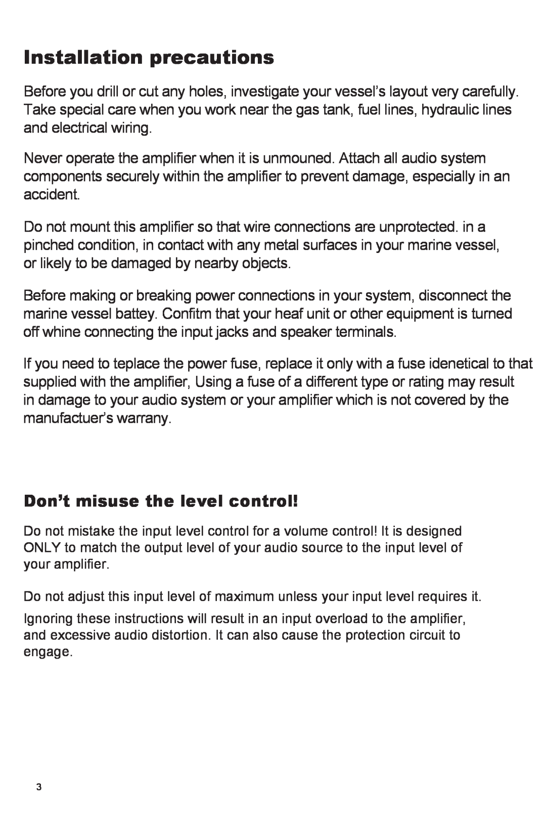 PYLE Audio PLMRMP2A, PLMRMP4A owner manual Installation precautions, Don’t misuse the level control 