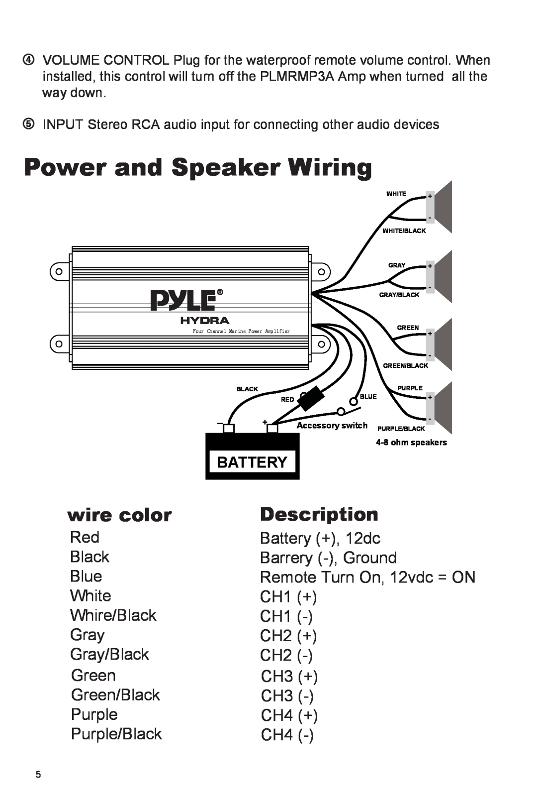 PYLE Audio PLMRMP2A, PLMRMP4A owner manual wire color, Description, Power and Speaker Wiring 