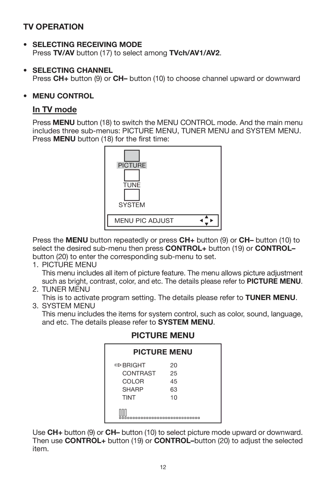 PYLE Audio PLPK5TVD owner manual TV Operation, Picture Menu 