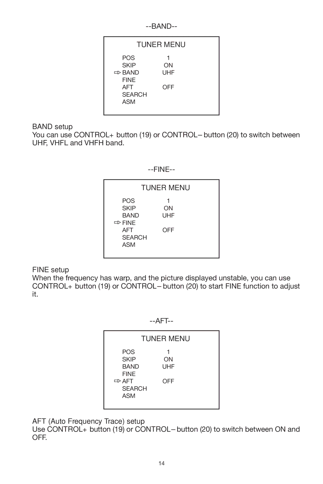 PYLE Audio PLPK5TVD owner manual Band setup, Fine setup, AFT Auto Frequency Trace setup 