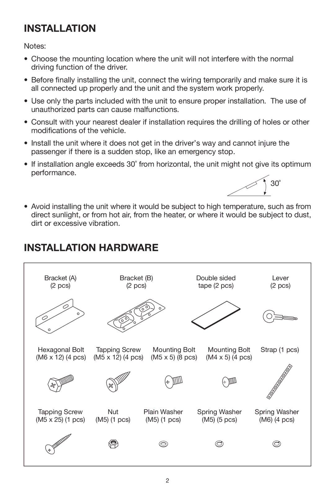 PYLE Audio PLPK5TVD owner manual Installation Hardware 