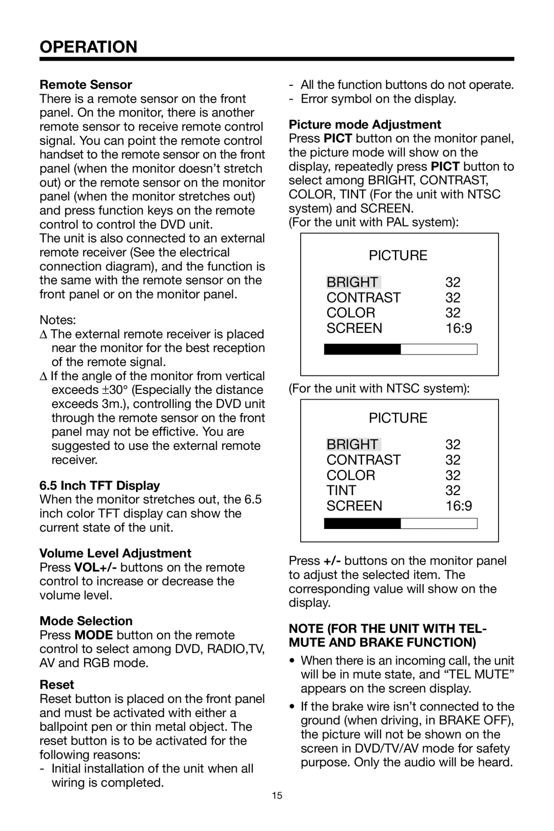 PYLE Audio PLPK65TVD owner manual Remote Sensor, Inch TFT Display, Volume Level Adjustment, Mode Selection, Reset 