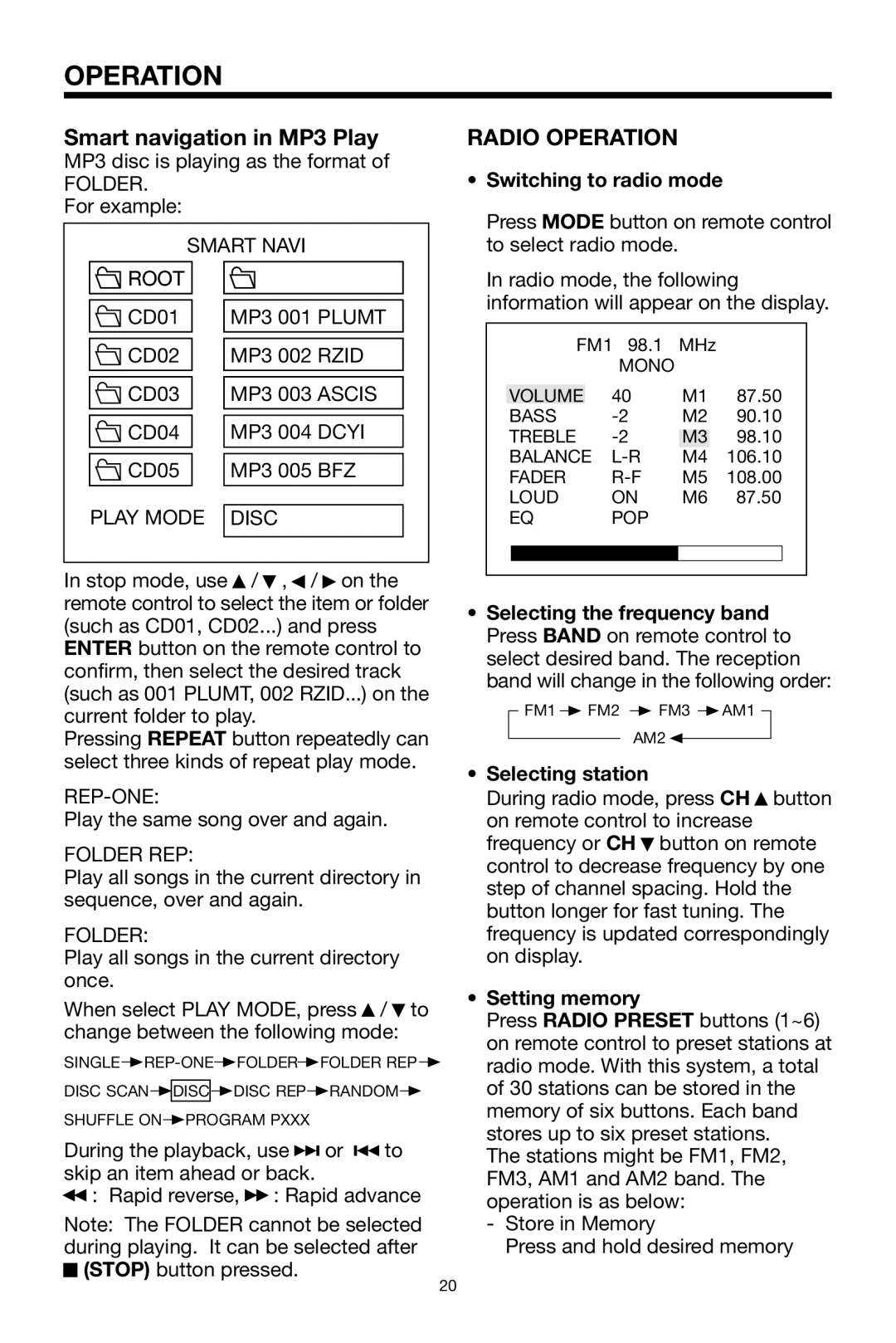 PYLE Audio PLPK65TVD owner manual Smart navigation in MP3 Play, Radio Operation, Switching to radio mode, Selecting station 