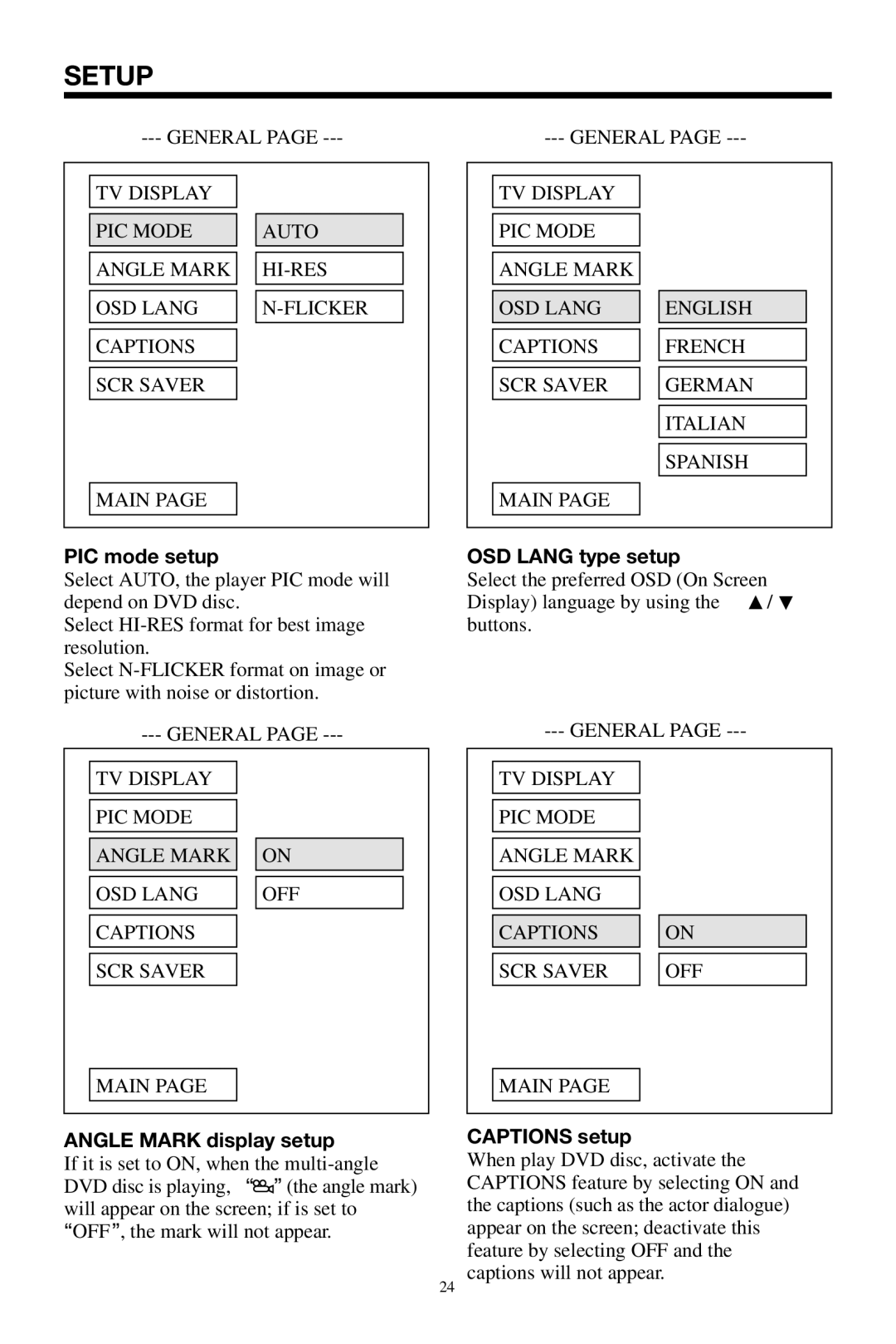 PYLE Audio PLPK65TVD owner manual PIC mode setup, Angle Mark display setup, OSD Lang type setup, Captions setup 