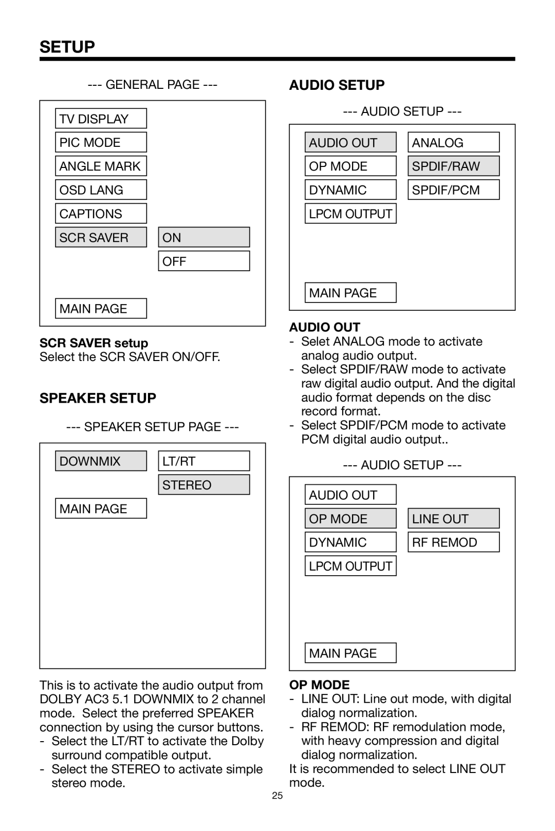 PYLE Audio PLPK65TVD owner manual Audio Setup, Speaker Setup, SCR Saver setup, Audio OUT, OP Mode 