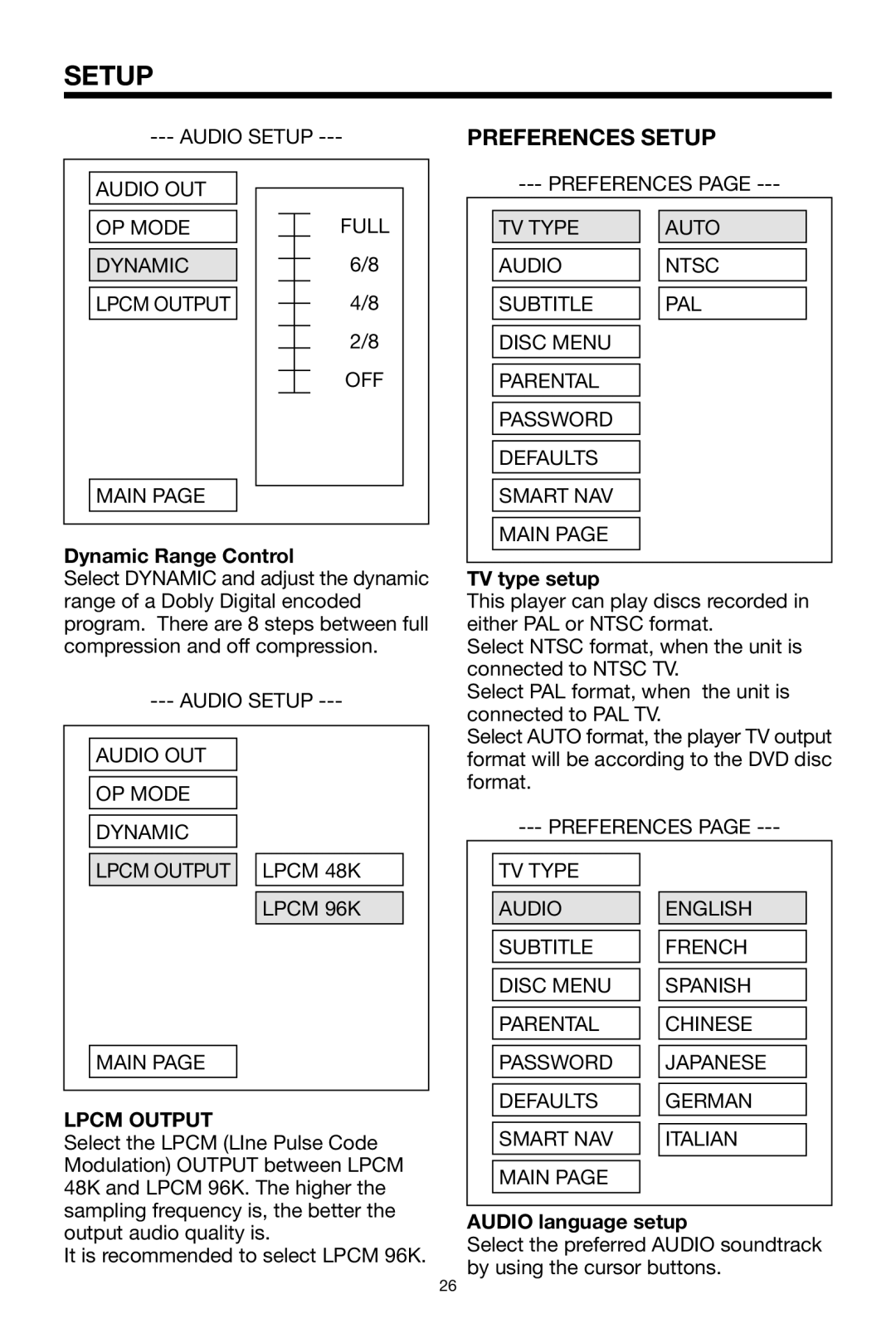 PYLE Audio PLPK65TVD Preferences Setup, Dynamic Range Control, Lpcm Output, TV type setup, Audio language setup 