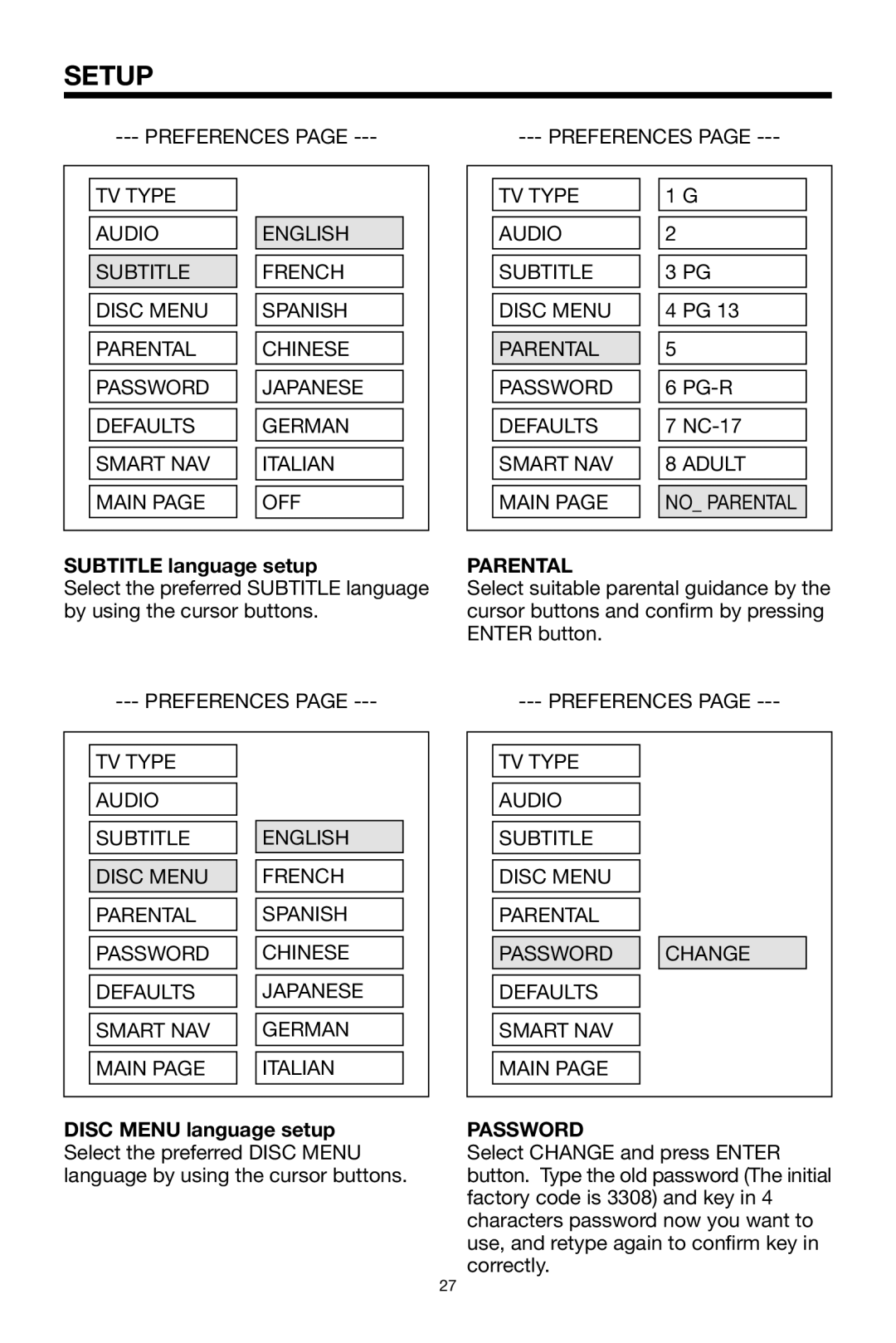 PYLE Audio PLPK65TVD Subtitle language setup, TV Type Audio Subtitle Disc Menu Parental Password, Smart NAV Adult Main 