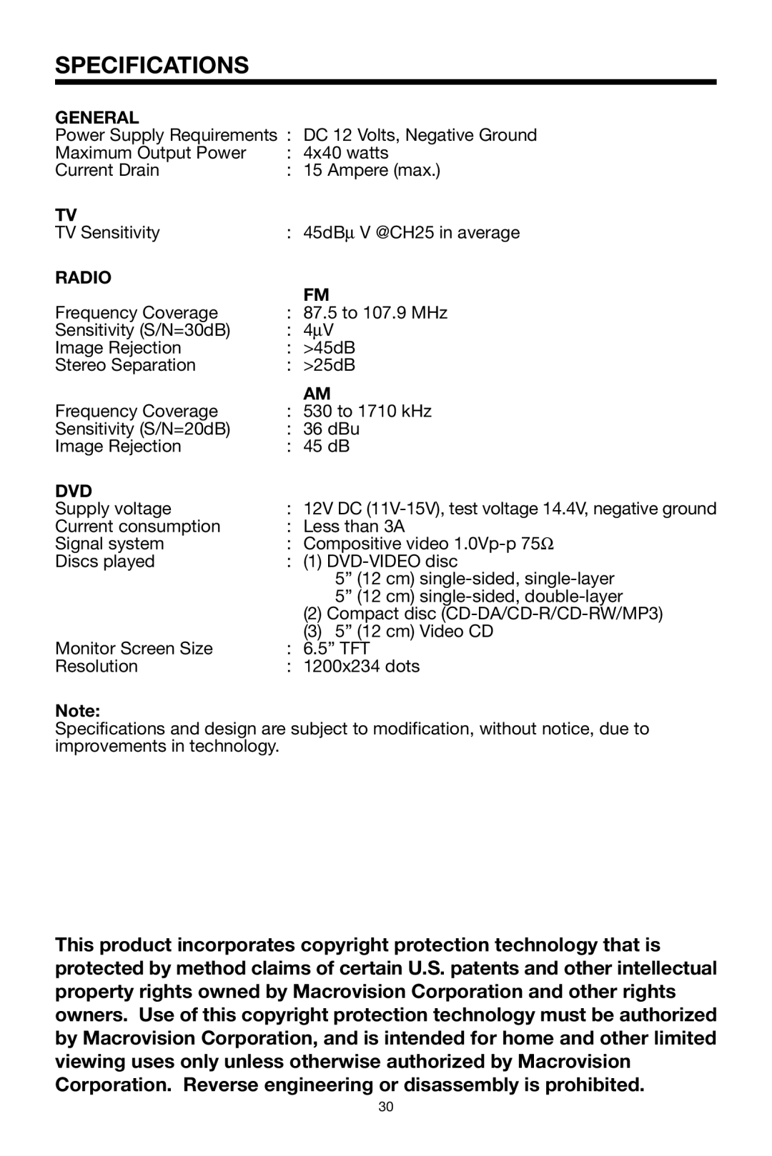 PYLE Audio PLPK65TVD owner manual Specifications, General, Radio 