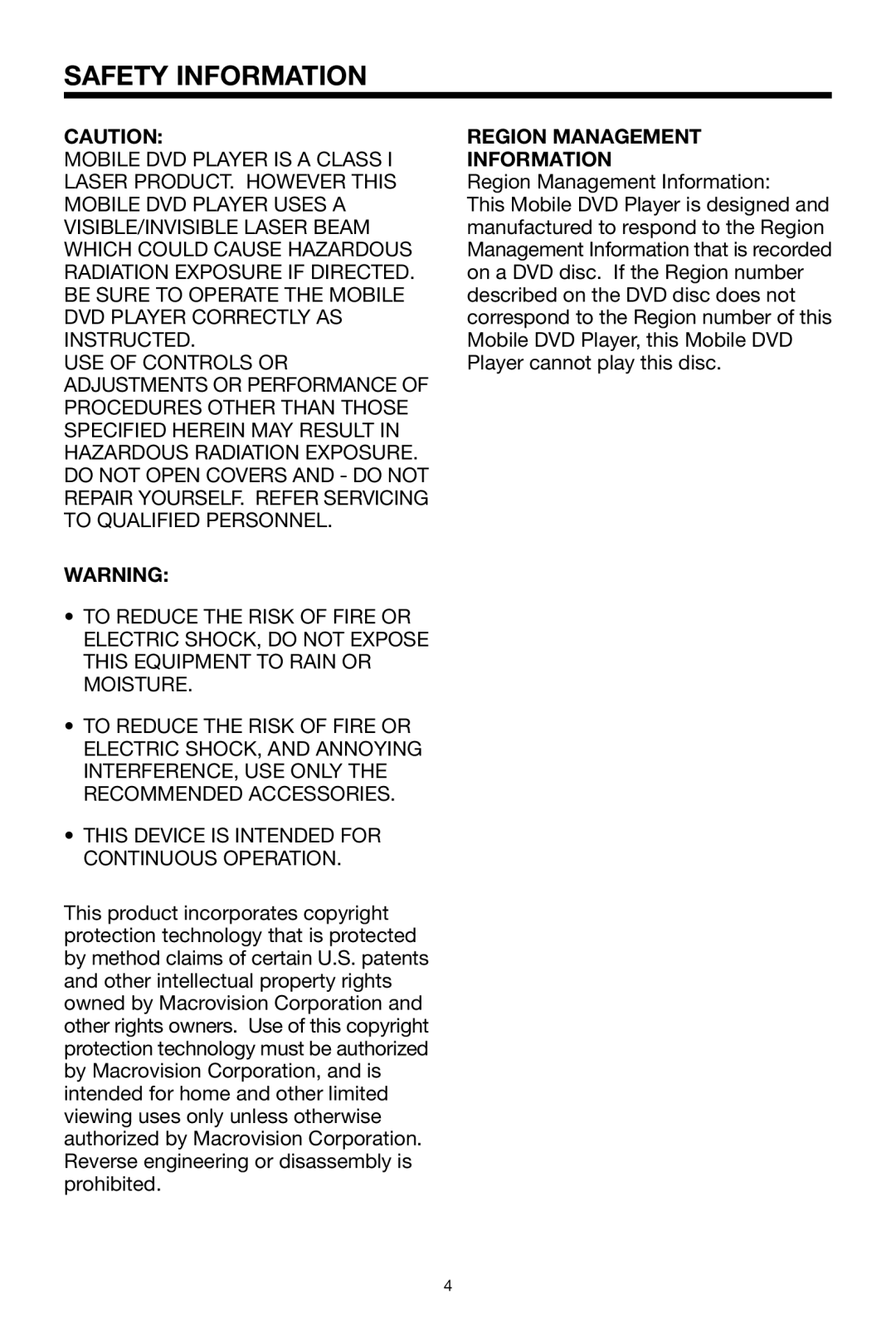 PYLE Audio PLPK65TVD owner manual Safety Information, Region Management Information 