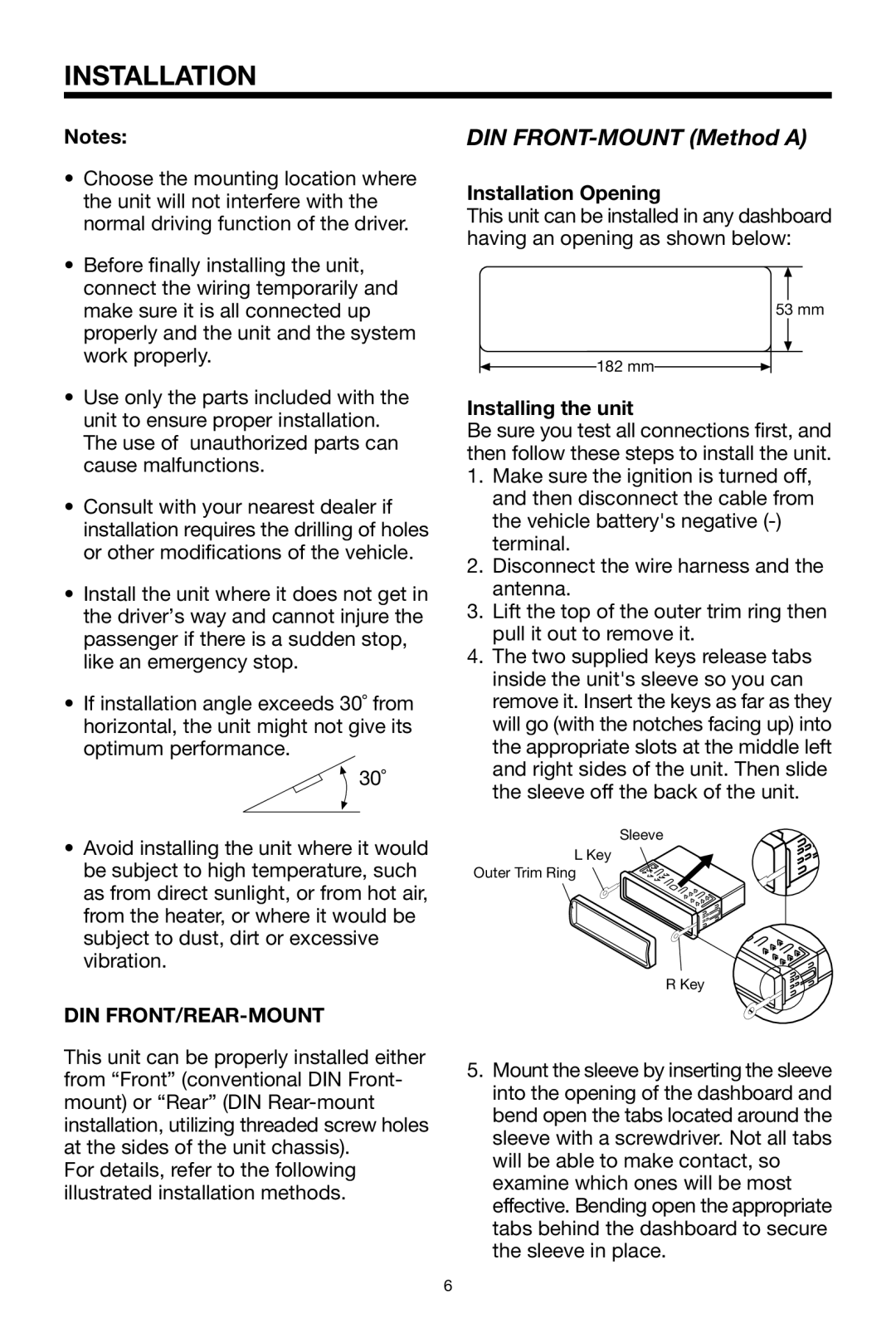 PYLE Audio PLPK65TVD owner manual Din Front/Rear-Mount, Installation Opening, Installing the unit 