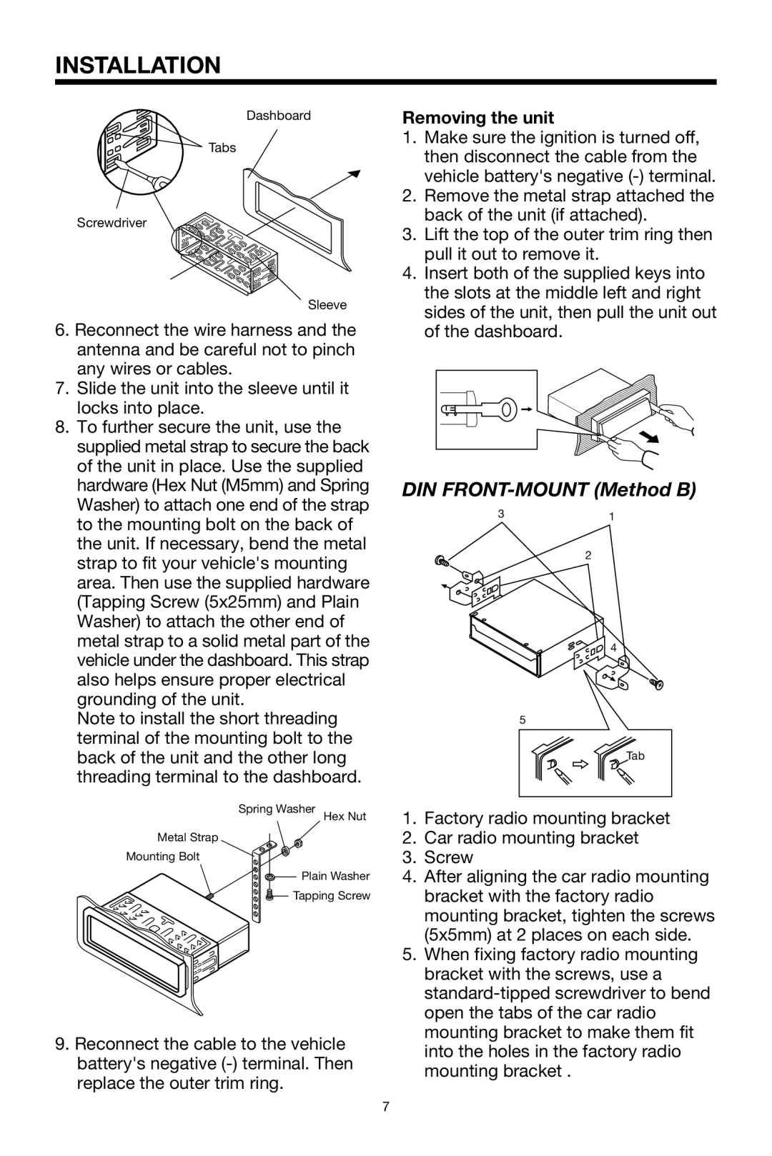 PYLE Audio PLPK65TVD owner manual DIN FRONT-MOUNT Method B, Removing the unit 