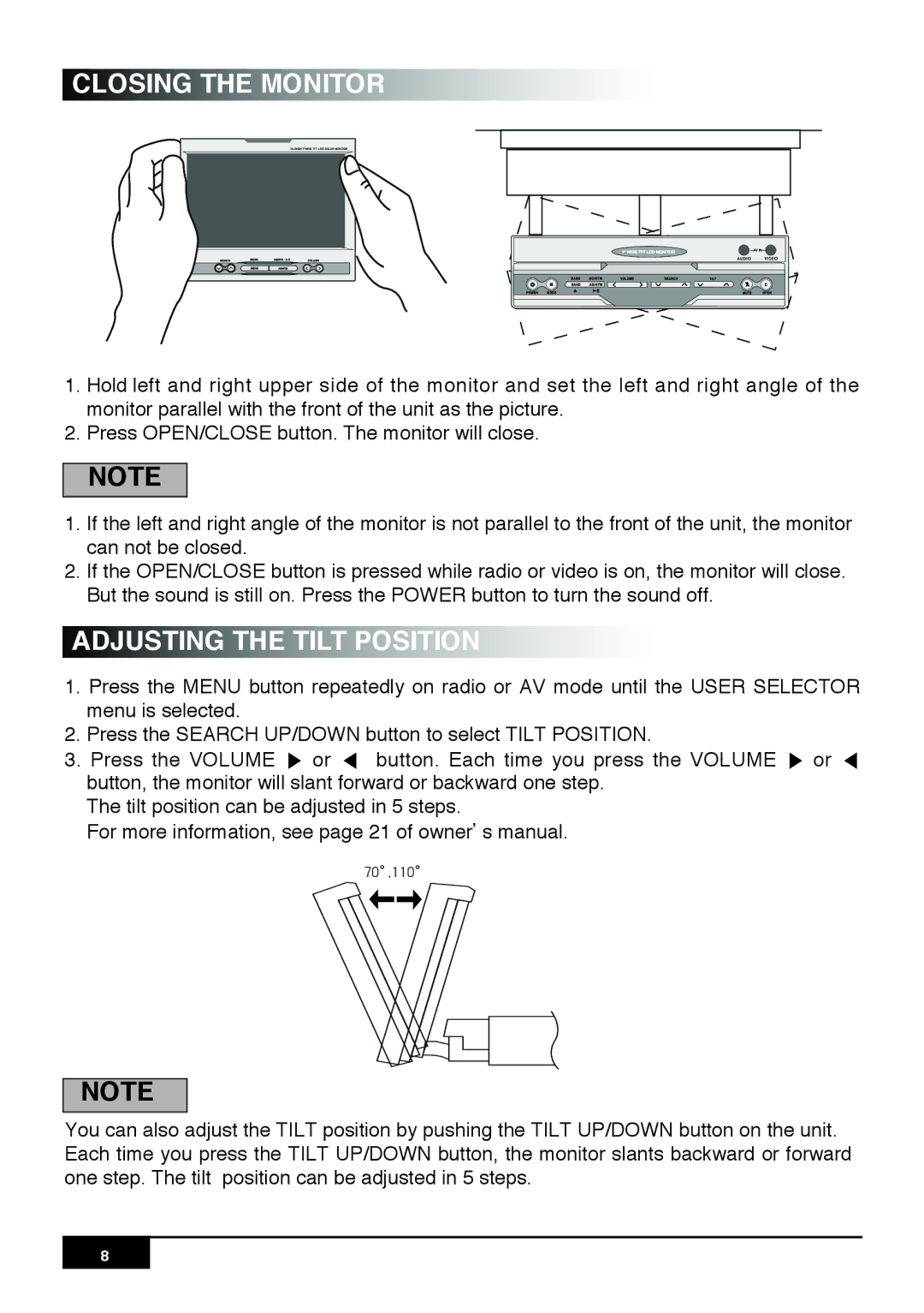 PYLE Audio PLR7N manual Closing the Monitor, Adjusting the Tilt Position 