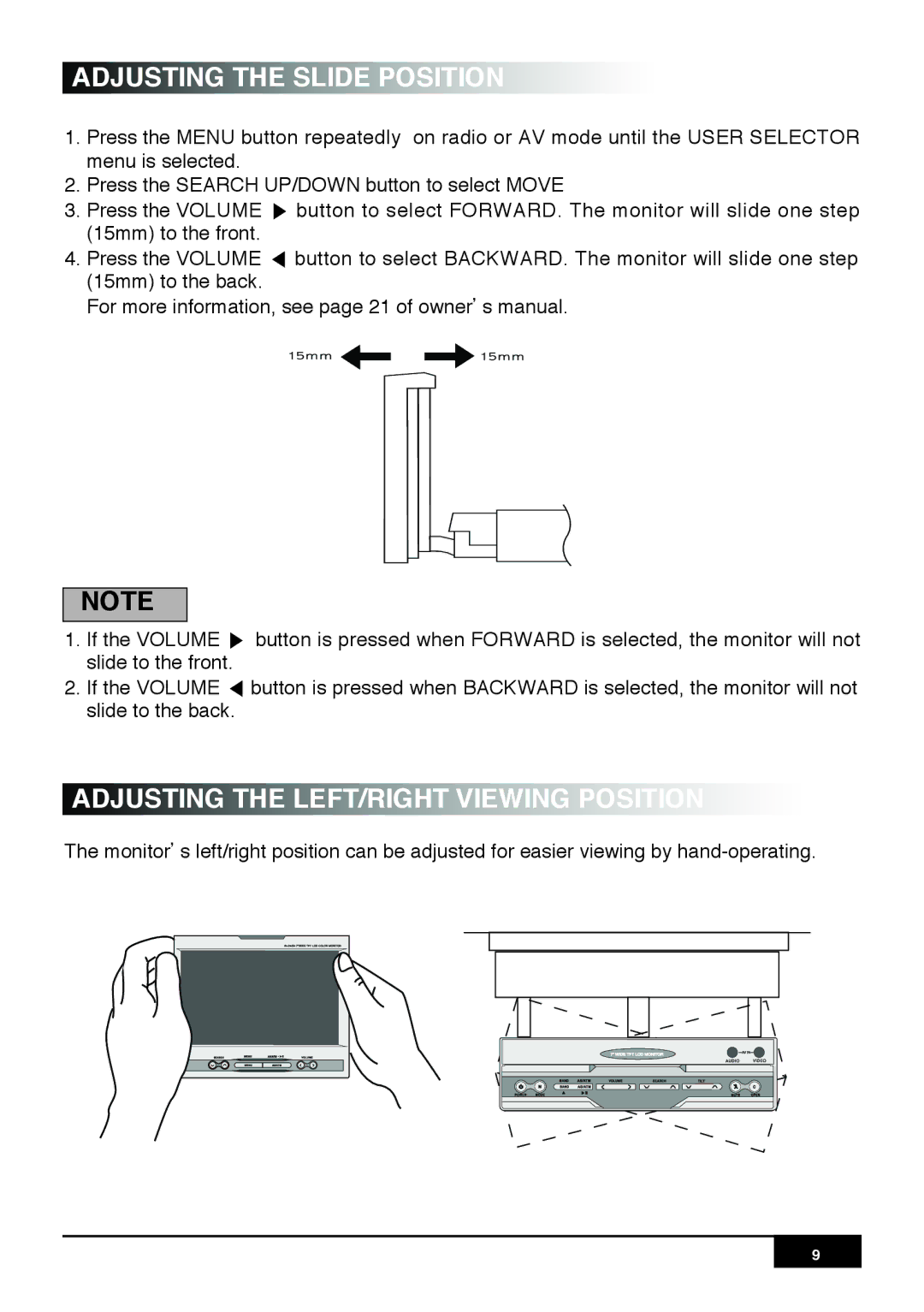 PYLE Audio PLR7N manual Adjusting the Slide Position, Adjusting the LEFT/RIGHT Viewing Position 