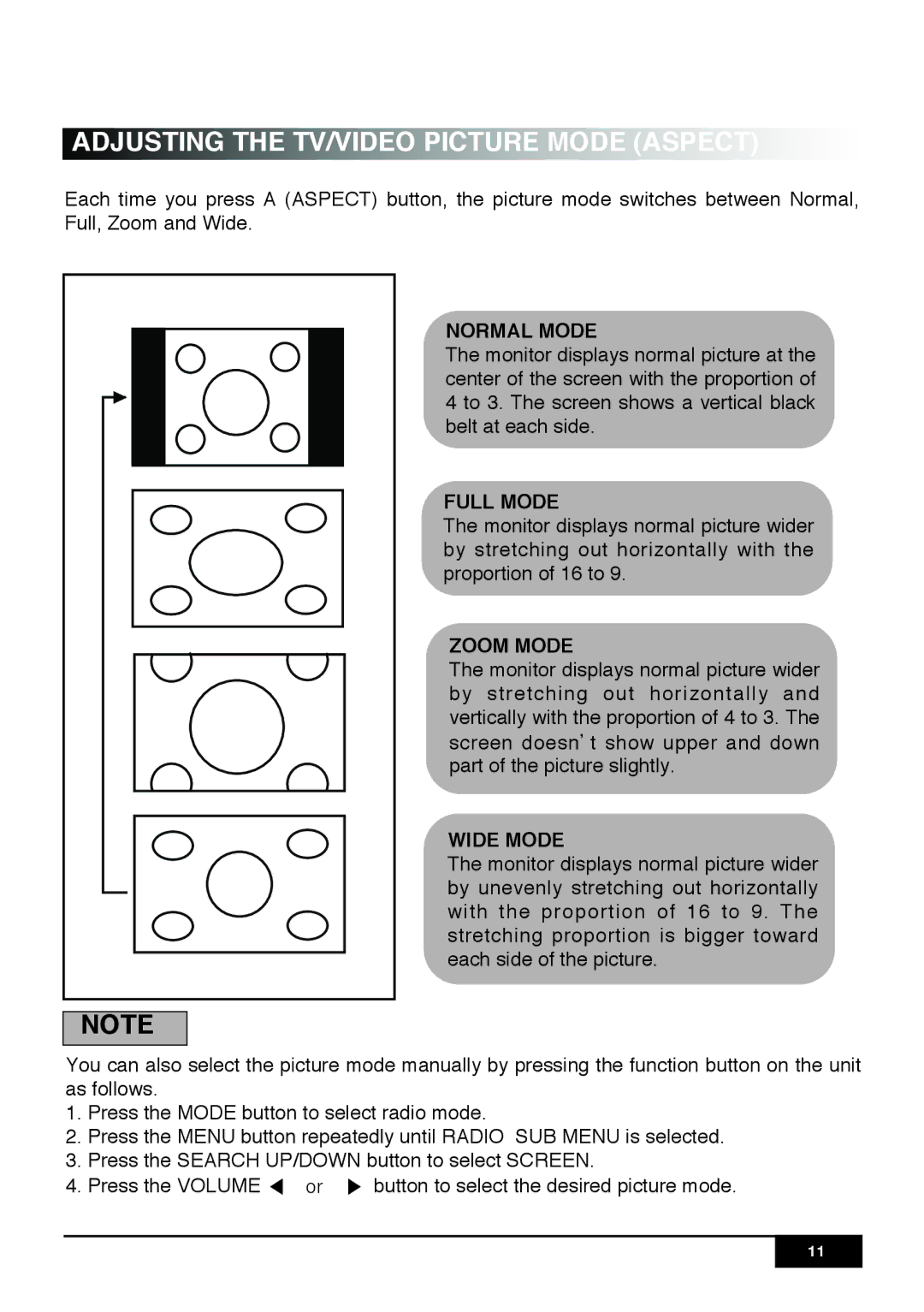 PYLE Audio PLR7N manual Adjusting the TV/VIDEO Picture Mode Aspect, Normal Mode, Full Mode, Zoom Mode, Wide Mode 