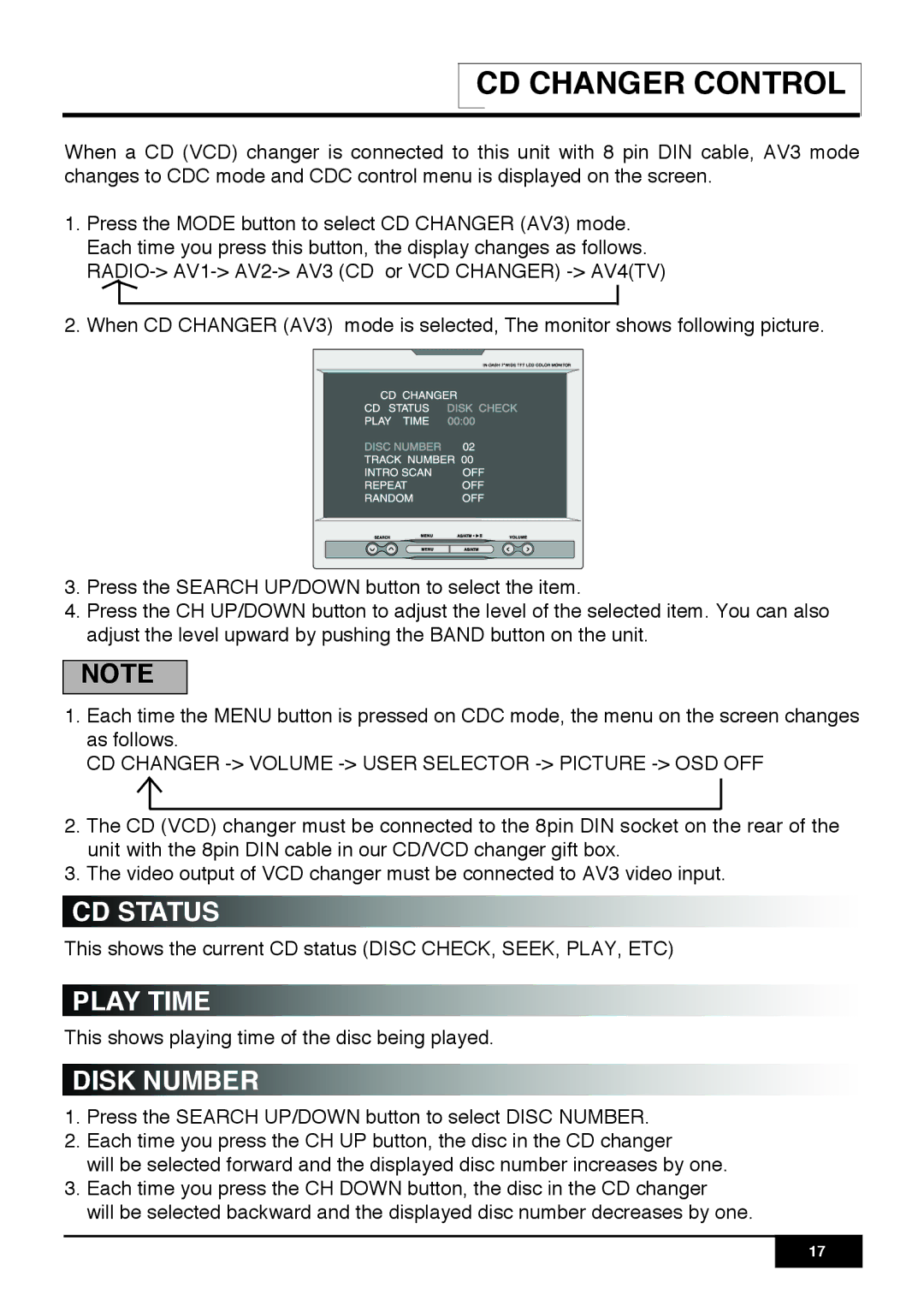 PYLE Audio PLR7N manual CD Status, Play Time, Disk Number 