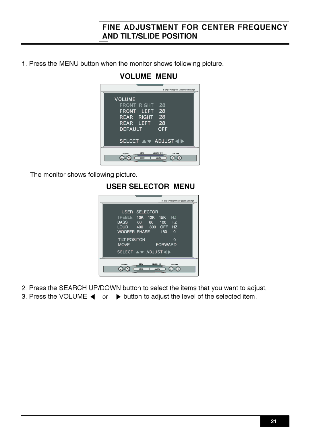 PYLE Audio PLR7N manual Fine Adjustment for Center Frequency TILT/SLIDE Position, User Selector Menu 