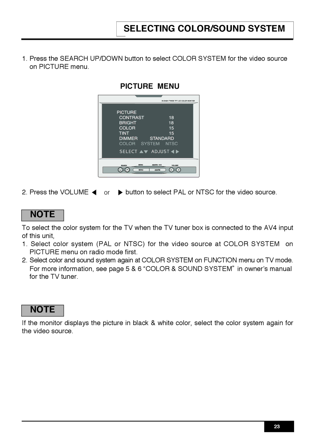 PYLE Audio PLR7N manual Selecting COLOR/SOUND System 