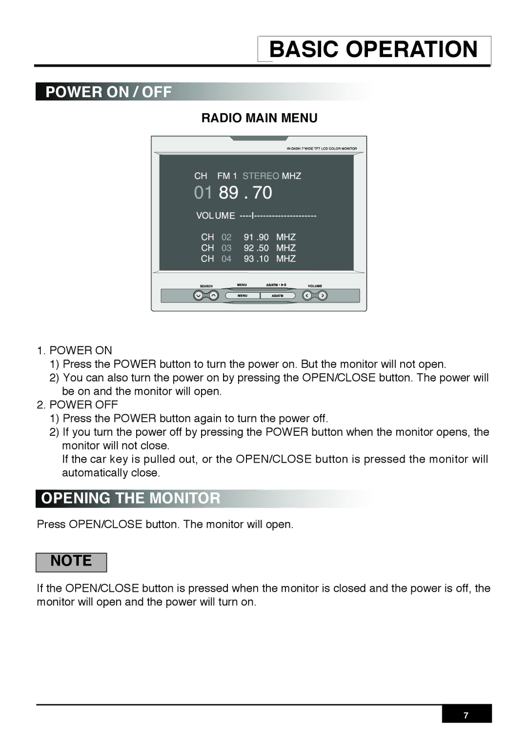 PYLE Audio PLR7N manual Power on / OFF, Opening the Monitor, Radio Main Menu 