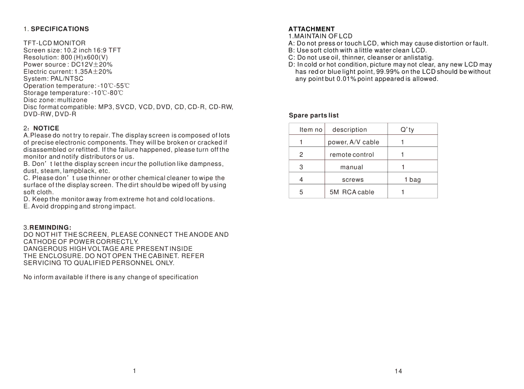 PYLE Audio PLRD102 instruction manual Specifications, TFT-LCD Monitor, Reminding 