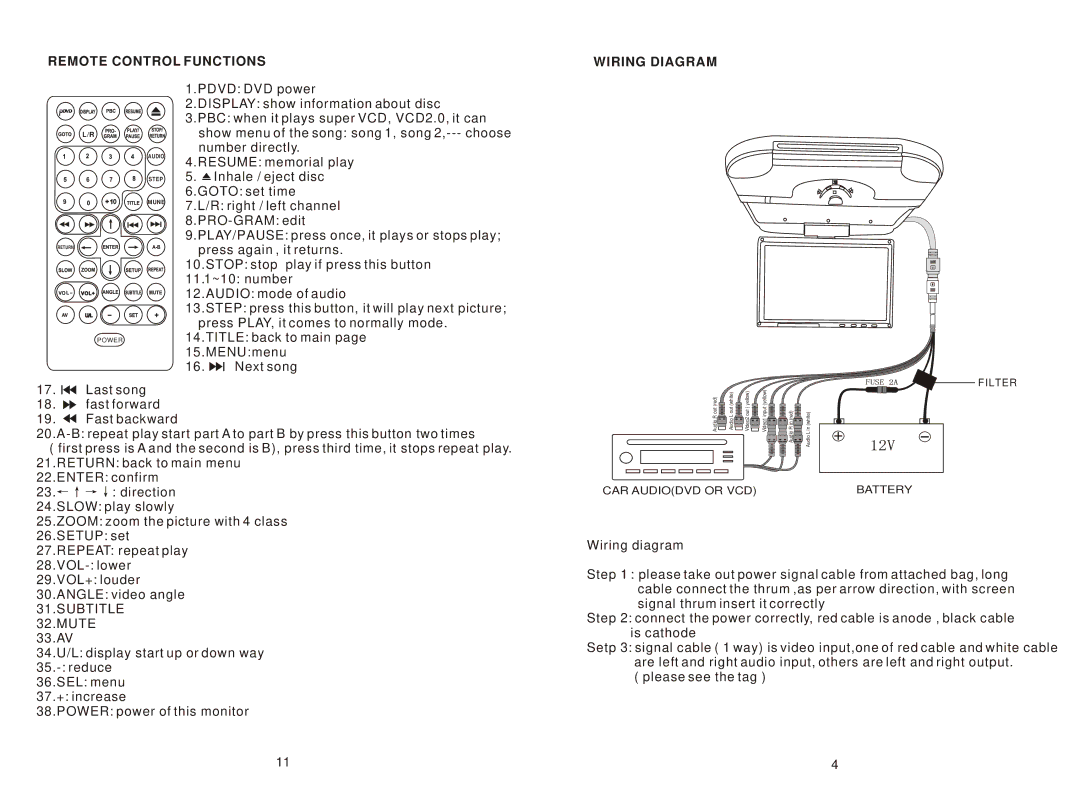 PYLE Audio PLRD102 instruction manual Remote Control Functions Wiring Diagram, Filter 