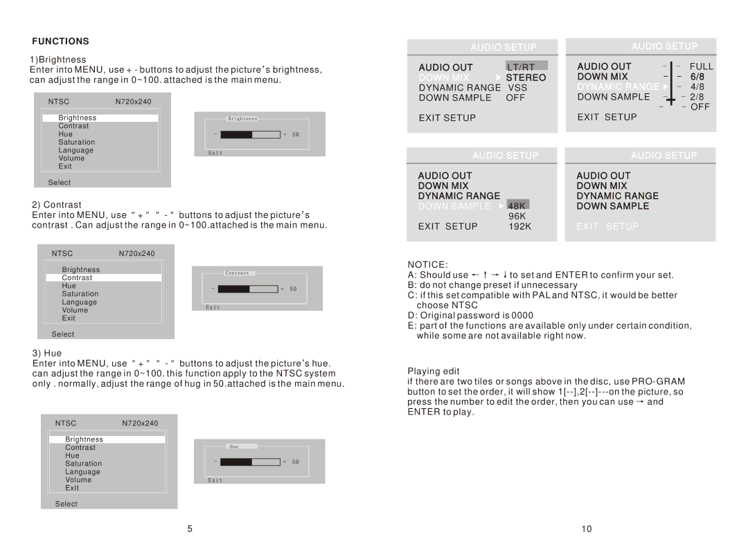 PYLE Audio PLRD102 instruction manual Functions, Stereo Down MIX, Audio OUT Down MIX Dynamic Range, Down Sample 