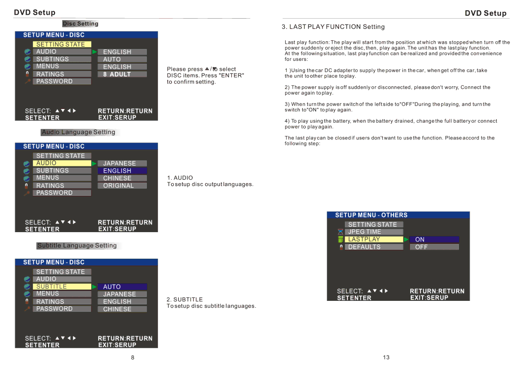 PYLE Audio PLRD143F instruction manual Setup Menu Disc, Adult, Return Return, Setenter Exit Serup, Setup Menu Others 