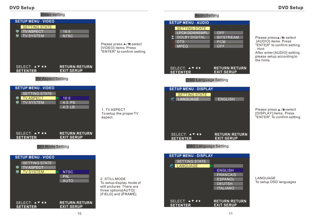 PYLE Audio PLRD143F Setup Menu Video, Setup Menu Audio, Returnreturn Setenter Exitserup, Setup Menu Display 