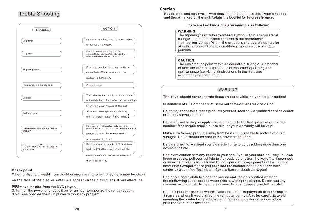 PYLE Audio PLRD143F instruction manual Touble Shooting, There are two kinds of alarm symbols as folIows, Check point 