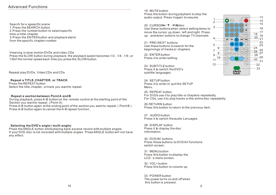 PYLE Audio PLRD143F instruction manual Advanced Functions, Repeat a TITLE, CHAPTER, or Track Press the Repeat button 